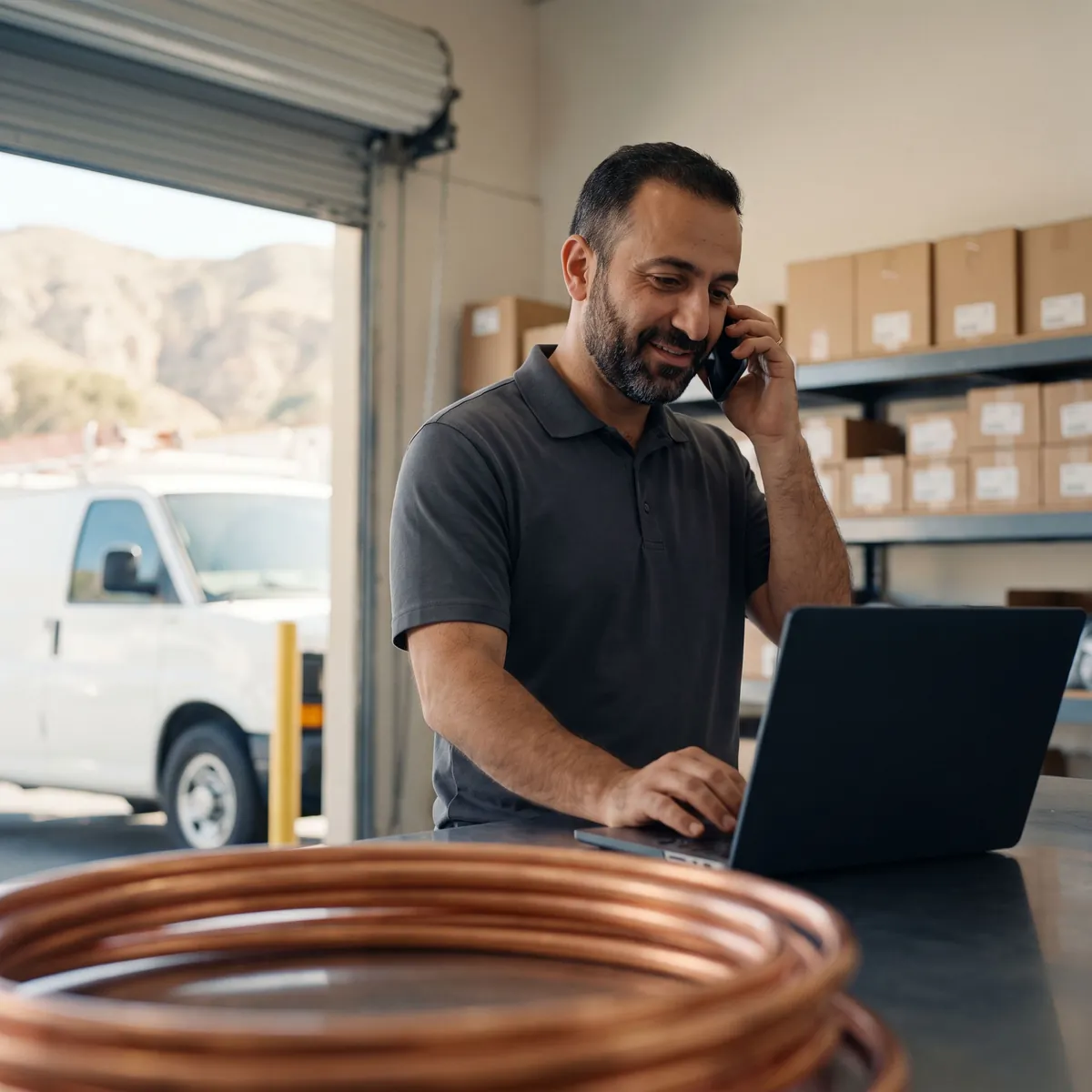 A heating-and-air contractor on the phone at the workbench of his shop