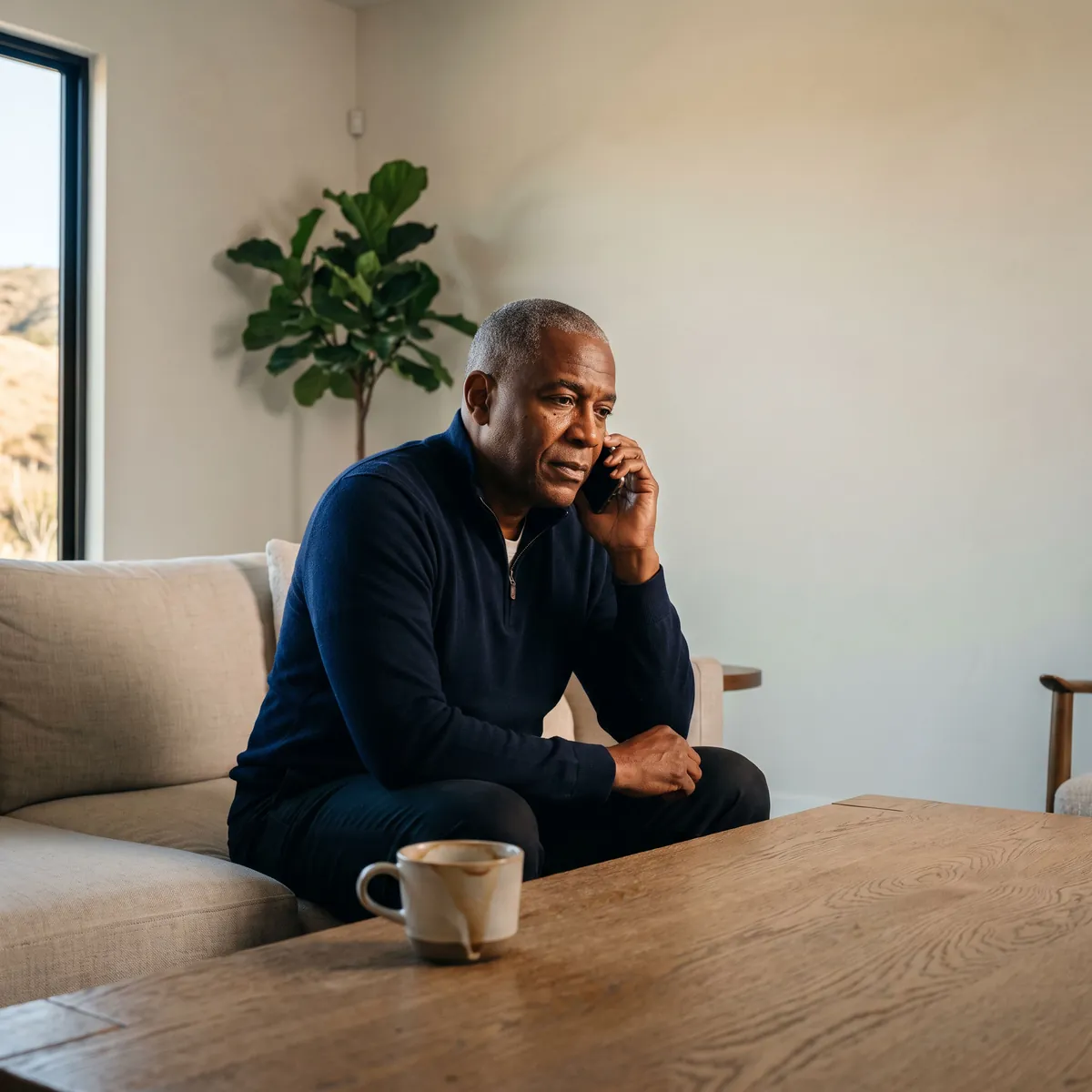 A man on the edge of his sofa listening closely on a phone call