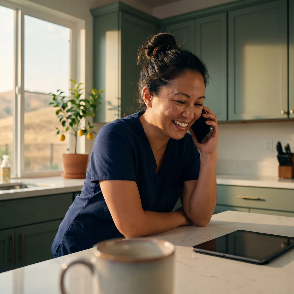 A nurse in scrubs laughing on a phone call at her kitchen counter